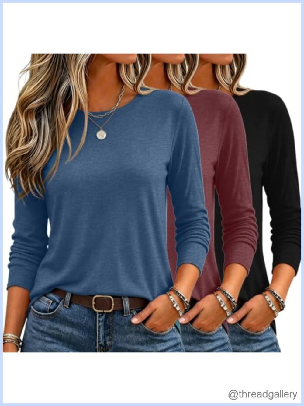 Women's 3 Pack Long Sleeve Crewneck T-Shirts Stretch Loose Fit Casual Tops